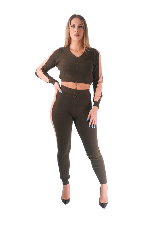 Olive Pink Crop Two Piece Sweater Set