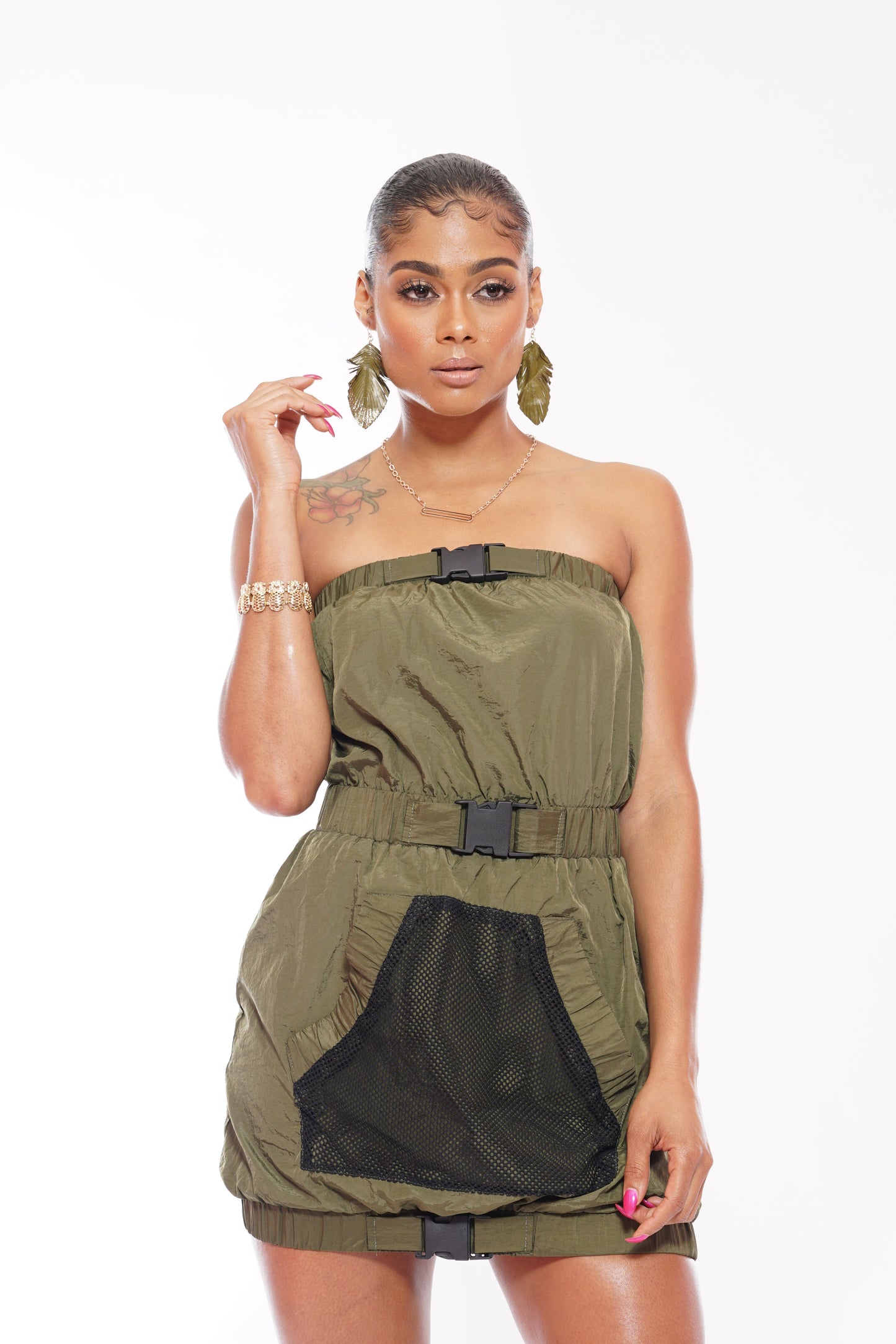 Green Mesh Utility Pocket Dress