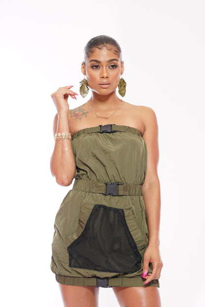 Green Mesh Utility Pocket Dress