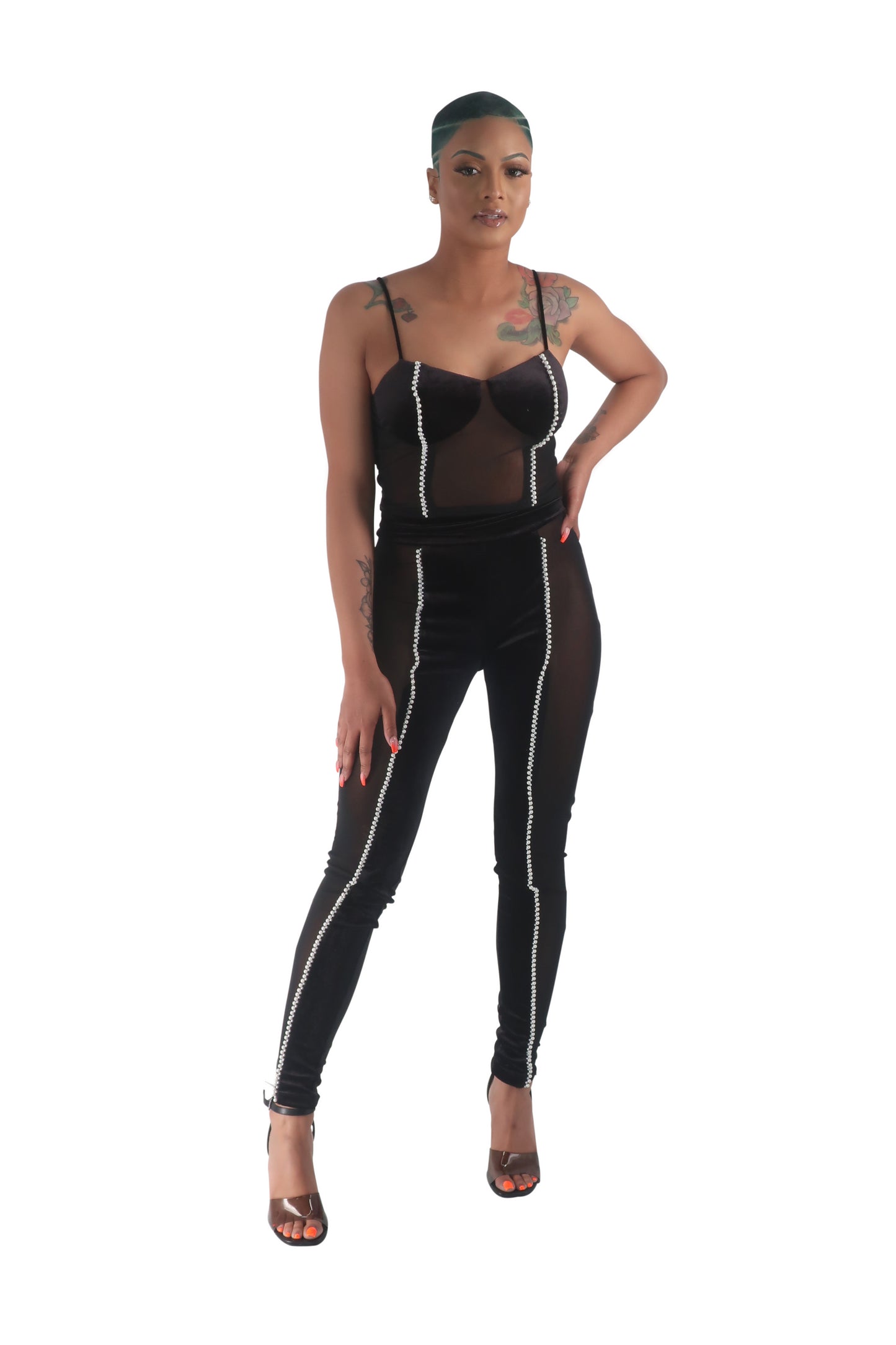 Black Mesh Pearl Pant Set