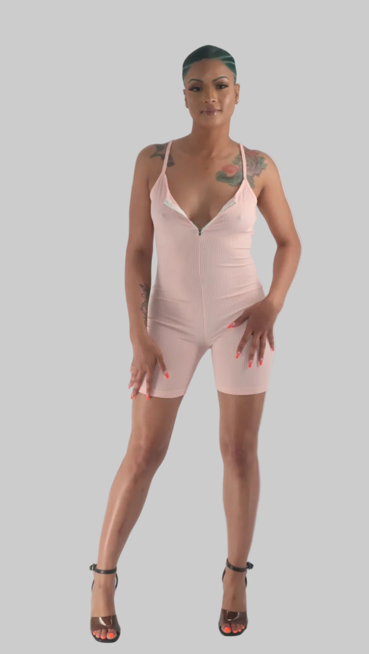 Pink V Neck Ribbed Romper