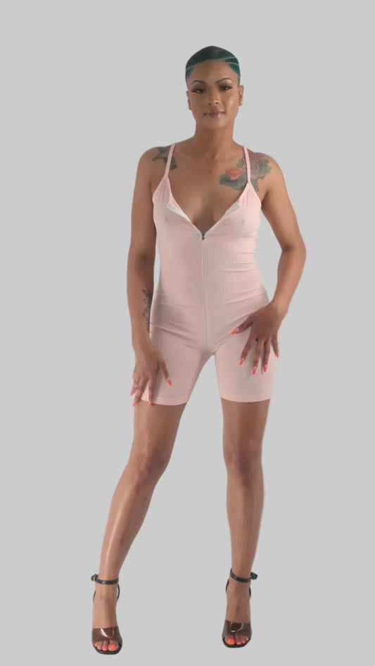 Pink V Neck Ribbed Romper