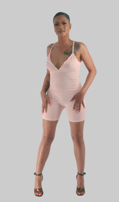 Pink V Neck Ribbed Romper