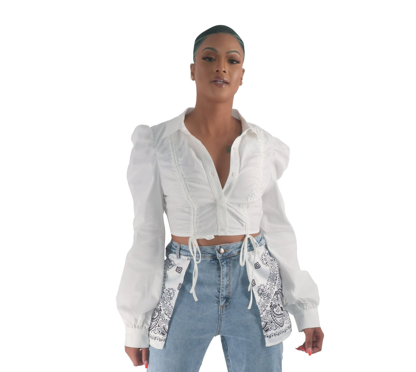 White Crop Runched Blouse