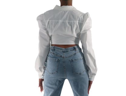 White Crop Runched Blouse