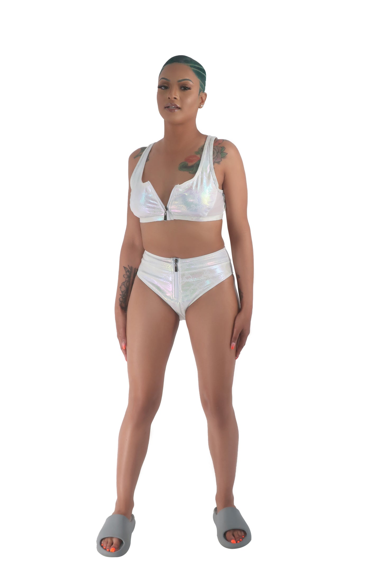 White High Waist Zipper Bikini