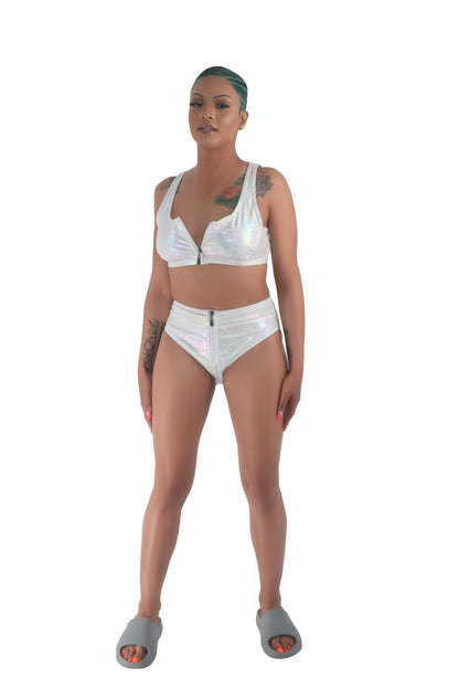 White High Waist Zipper Bikini