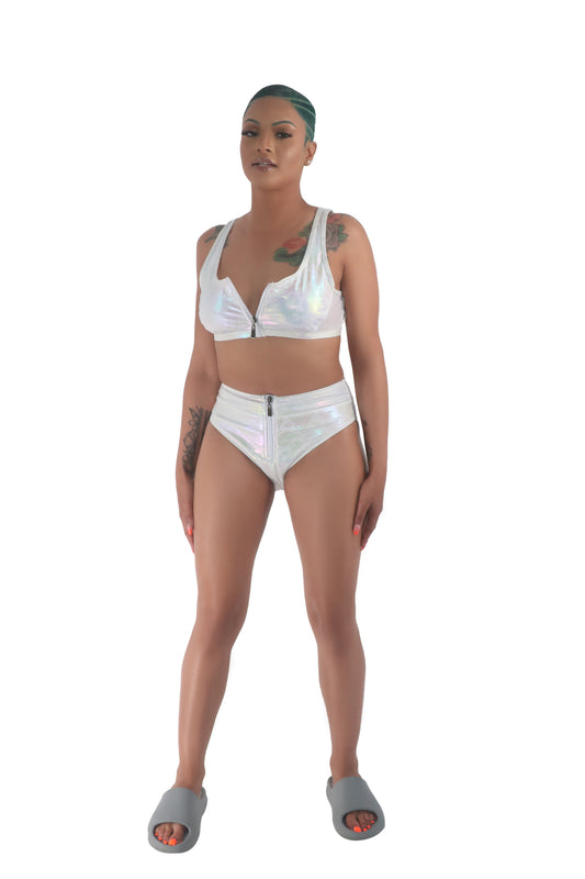 White High Waist Zipper Bikini