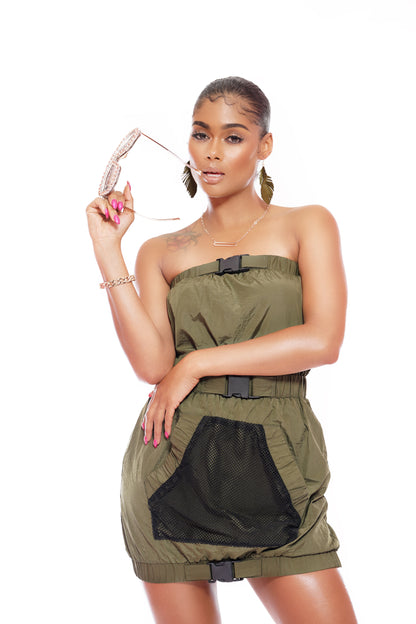 Green Mesh Utility Pocket Dress