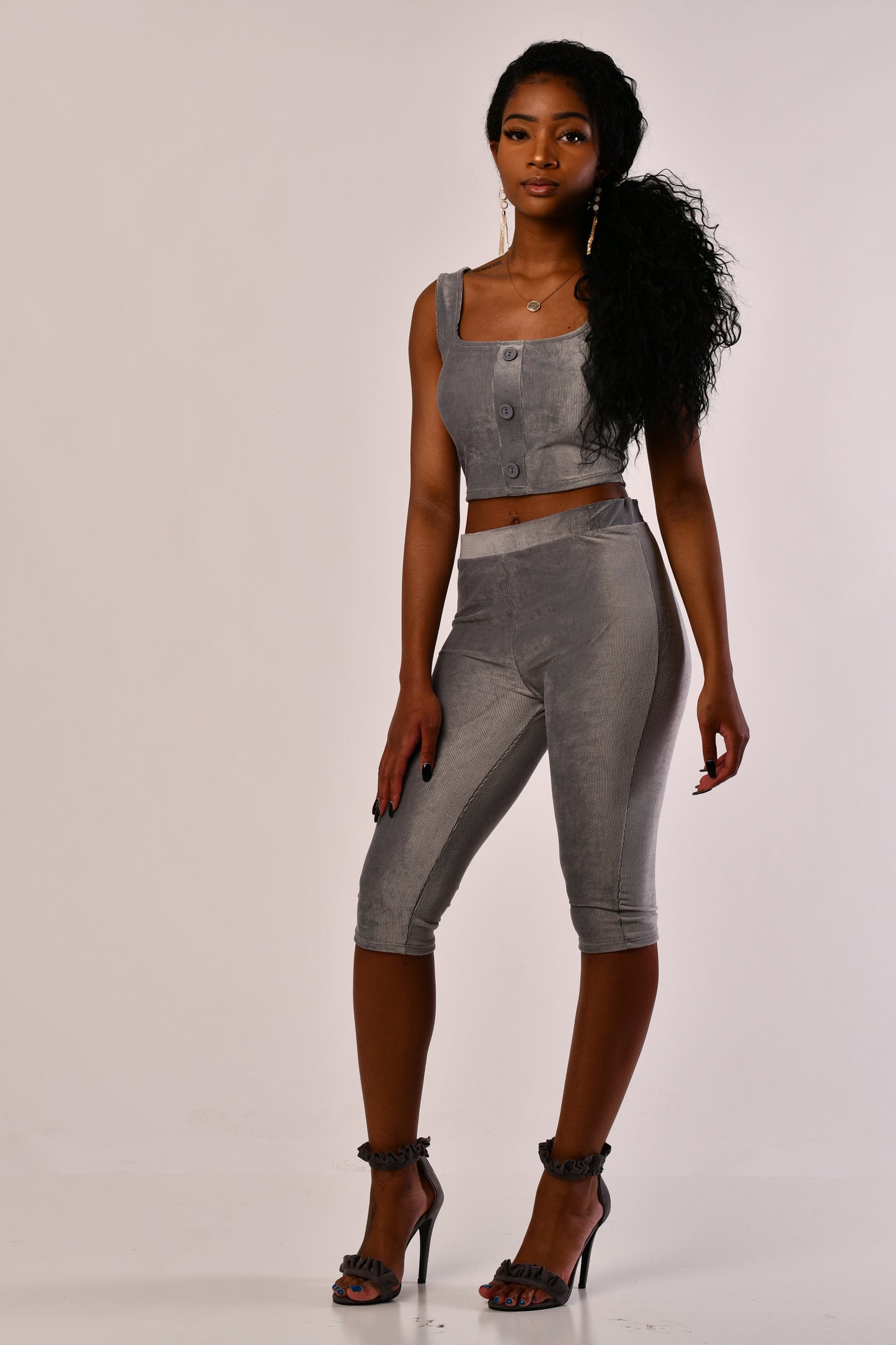 Grey Corduroy Two Piece Capri Set