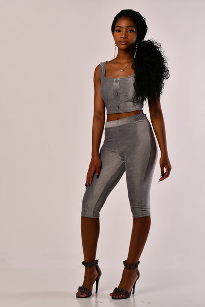 Grey Corduroy Two Piece Capri Set