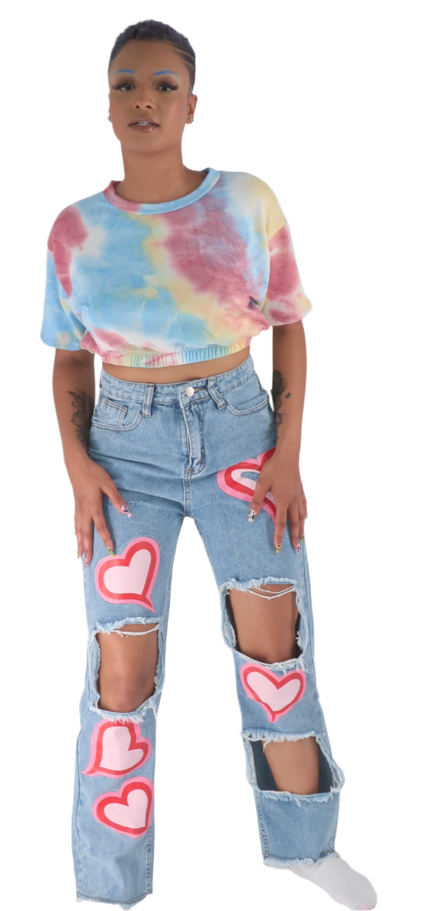 Cutout Pink Heart Ripped Jeans