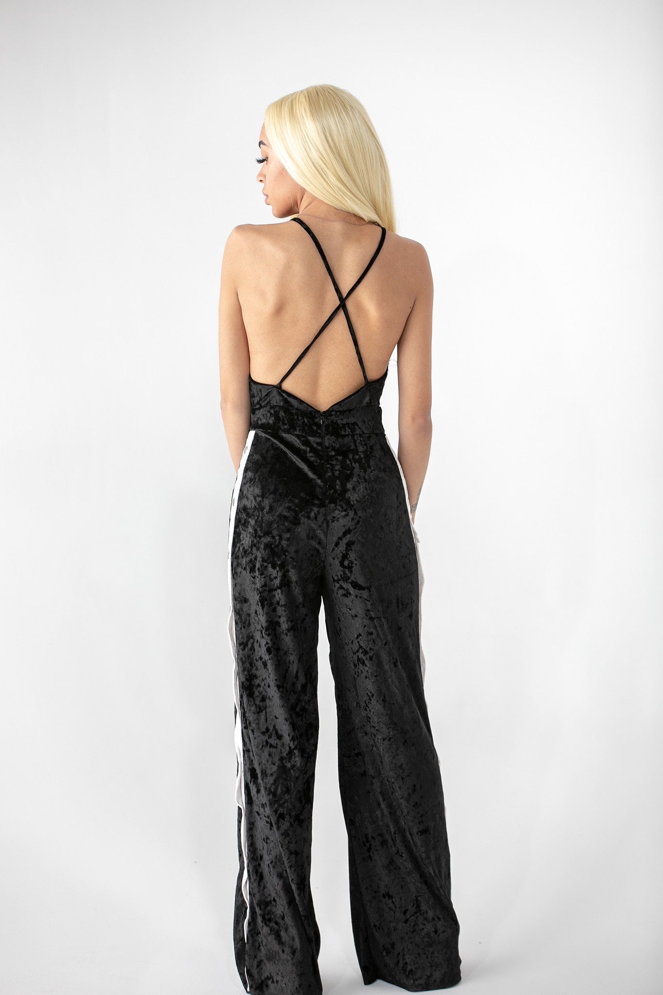 Black Crushed Velvet Button Jumpsuit