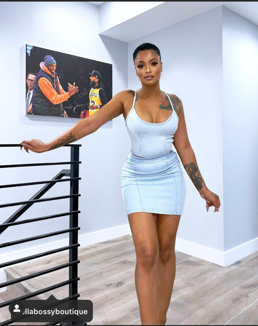 Light Blue Denim Crystal Studded Two Piece Skirt Set