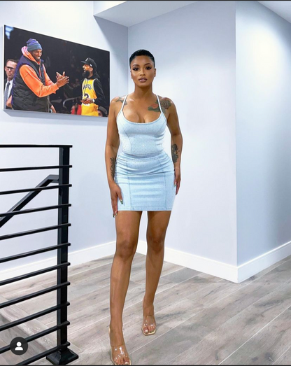 Light Blue Denim Crystal Studded Two Piece Skirt Set