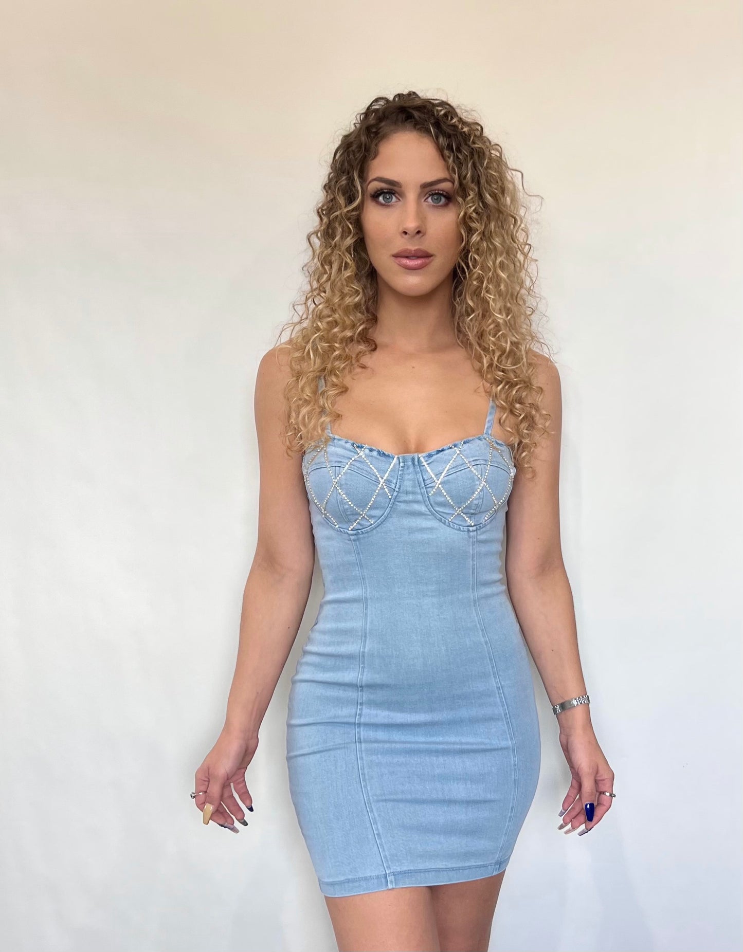 Light Blue Denim Crystal Lattice Dress