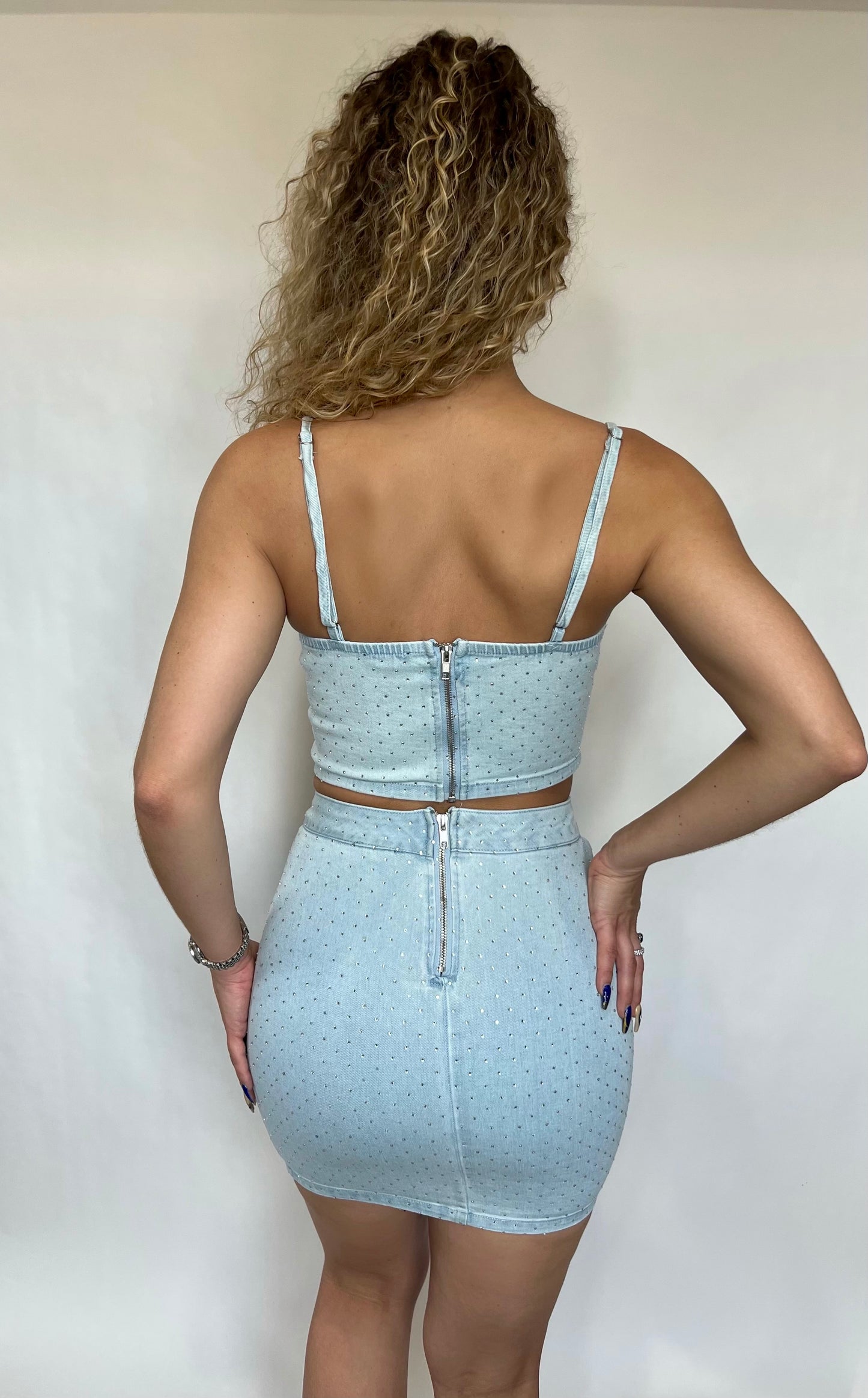Light Blue Denim Crystal Studded Two Piece Skirt Set