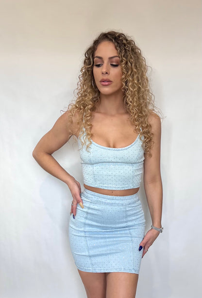 Light Blue Denim Crystal Studded Two Piece Skirt Set