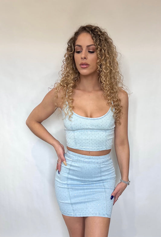 Light Blue Denim Crystal Studded Two Piece Skirt Set