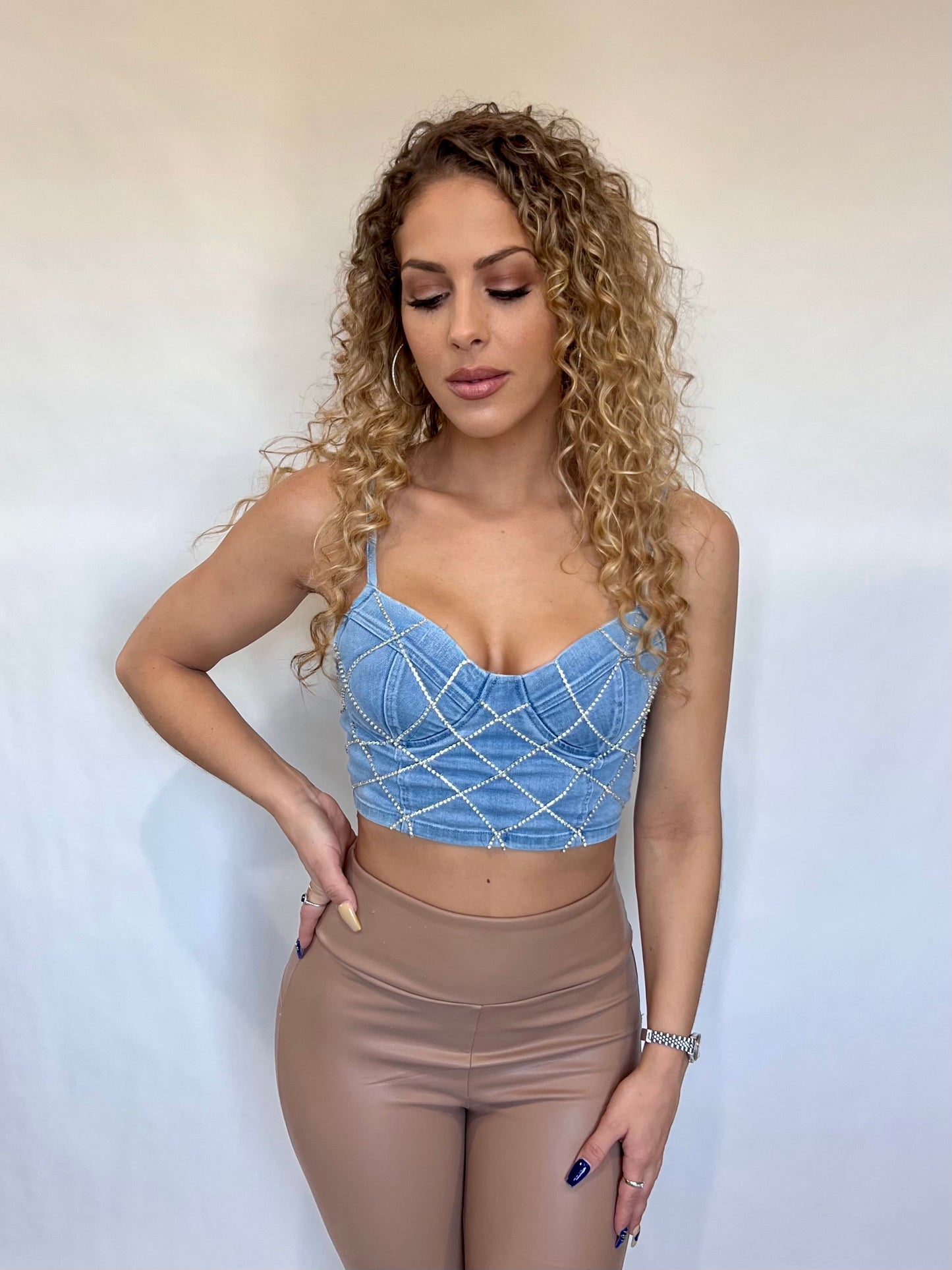 Light Blue Denim Crystal Lattice Crop Top