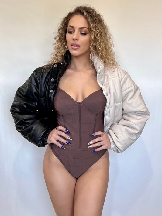 Black Tan vegan leather Puffer Jacket