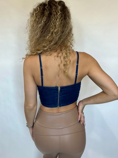 Dark Blue Denim Crystal Lattice Crop Top