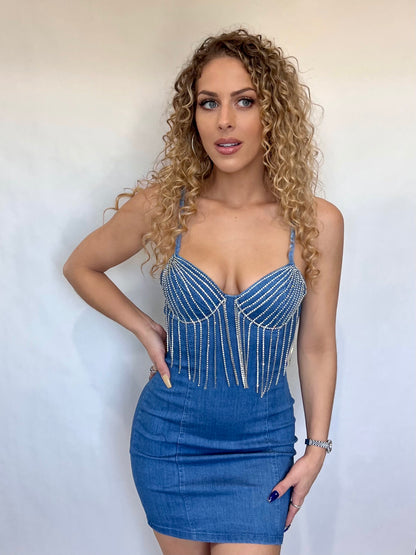 Blue Denim Crystal Tassel Dress