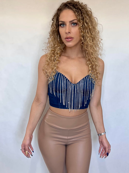 Dark Blue Denim Crystal Tassels Crop Top