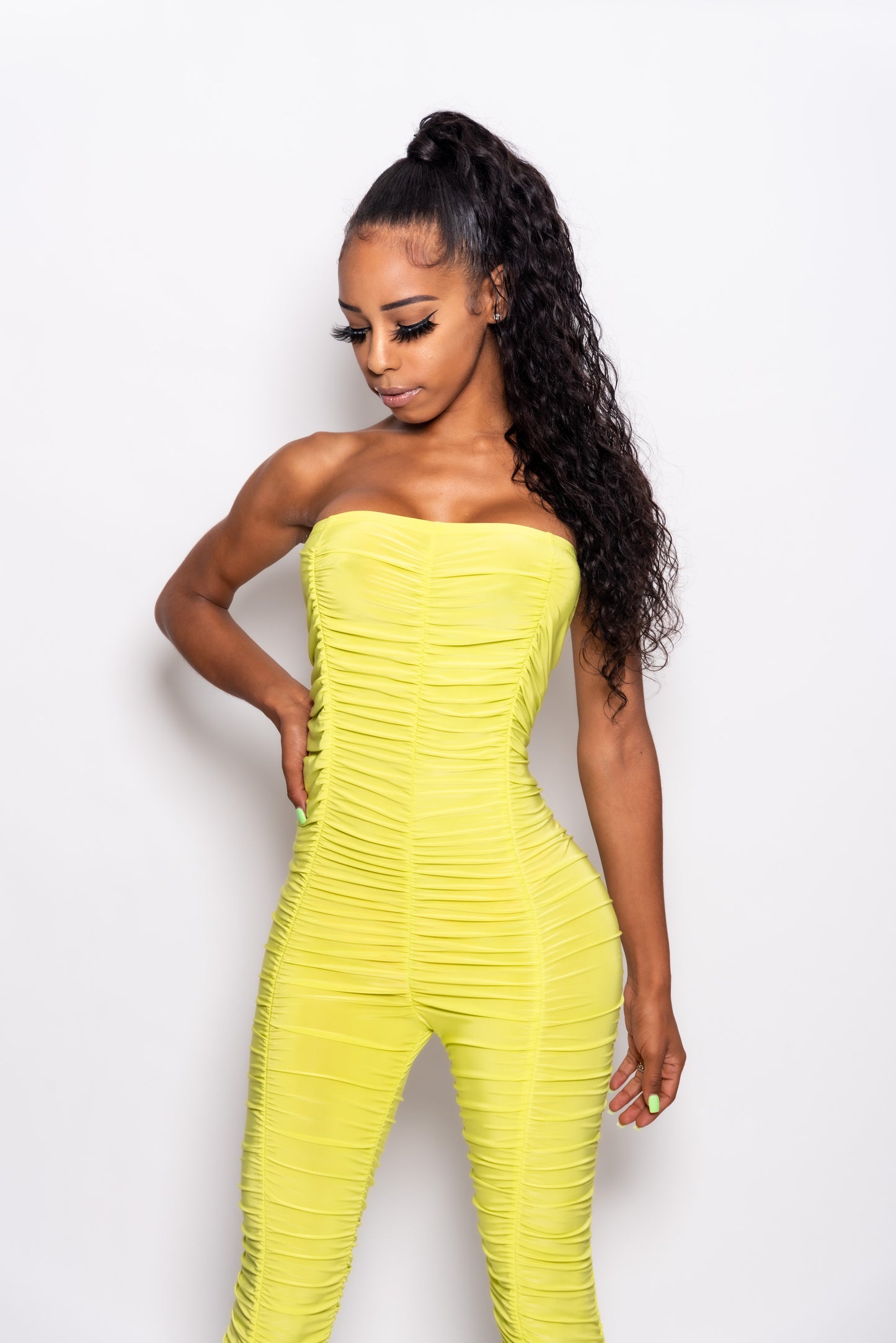 Neon Yellow runched Long Romper
