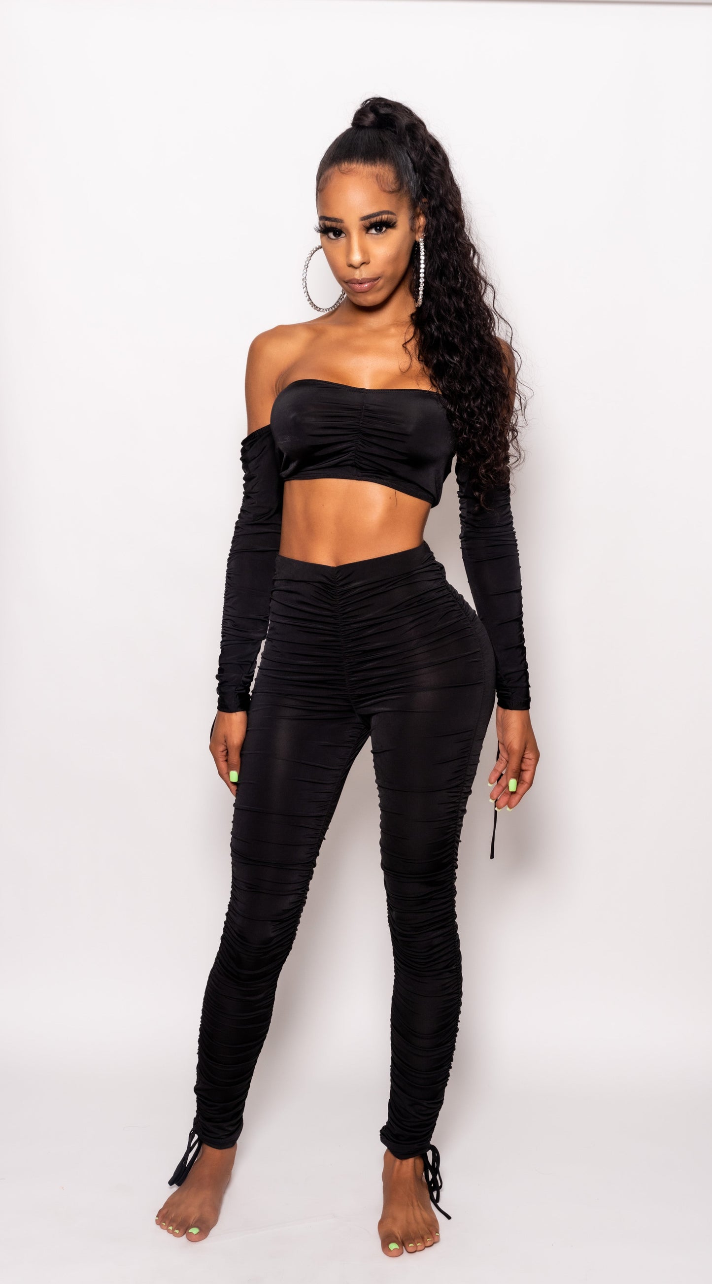 Black Two Piece Runched Pants Set