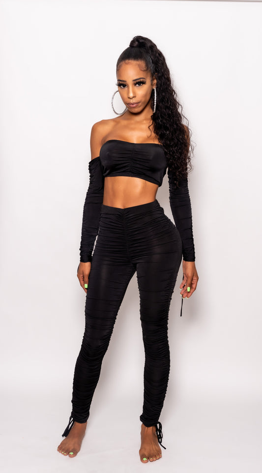 Black Two Piece Runched Pants Set