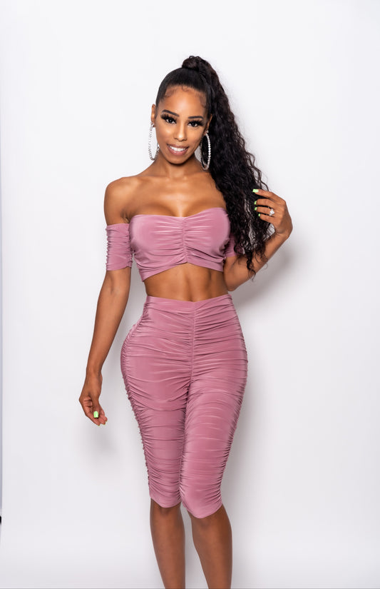 Rose Two Piece Runched Shorts Set