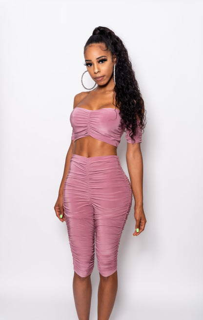 Rose Two Piece Runched Shorts Set