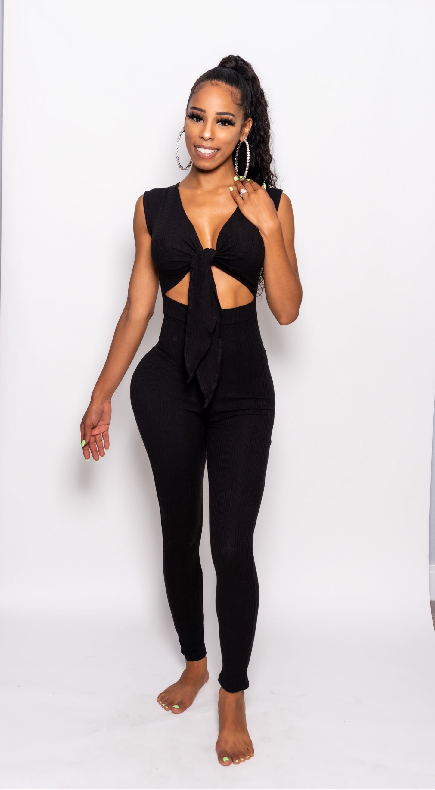 Black Ribbed Front Tie Jumpsuit
