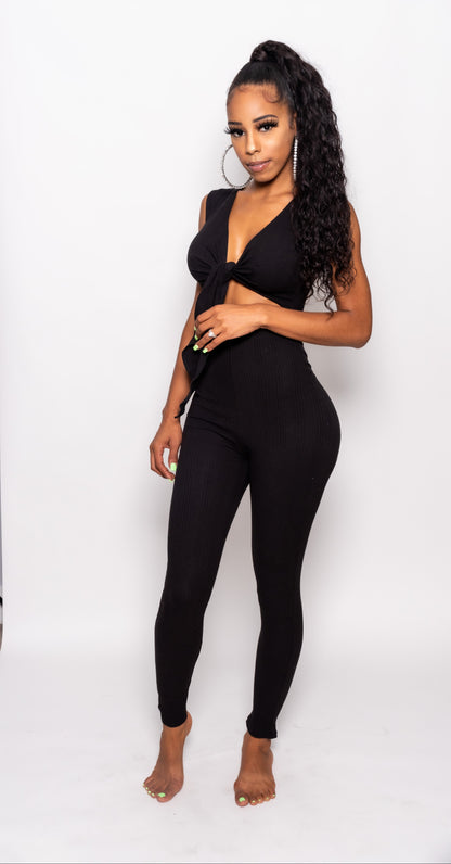 Black Ribbed Front Tie Jumpsuit