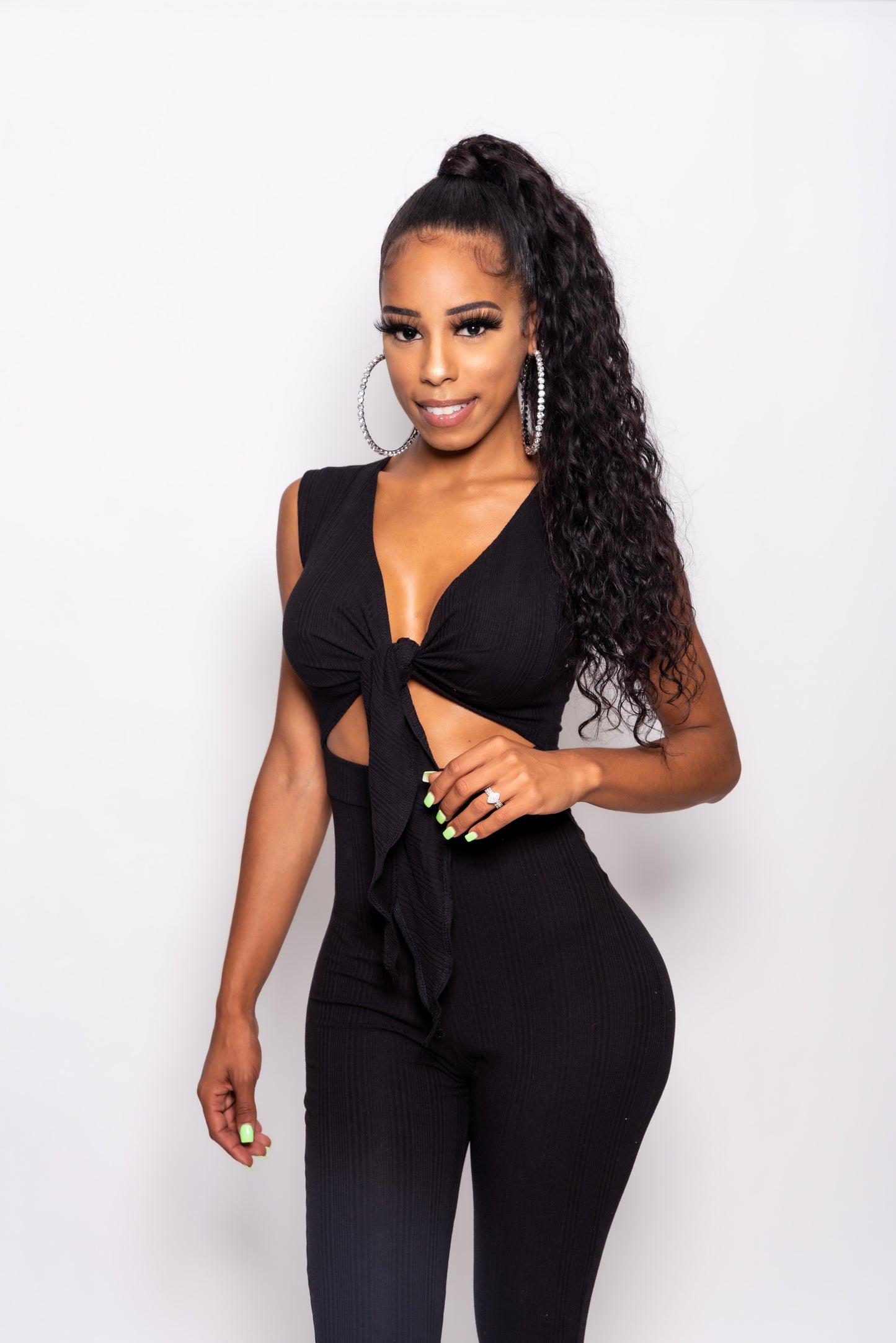 Black Ribbed Front Tie Jumpsuit